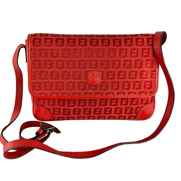 FENDI FF Zucca Red Canvas Leather Trim Crossbody Shoulder Bag Made in Italy - Picture 1 of 15